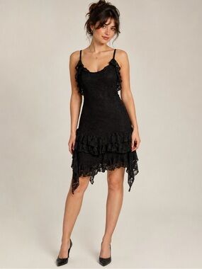 Black Lace Ruffle Slip Dress - Women